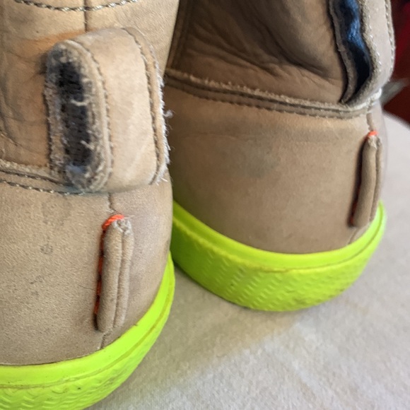 Air Jordon Beige Suede Lace Up High Tops with Neon Green Soles - Picture 4 of 11